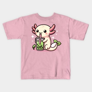 Cute Axolotl drink green boba Kids T-Shirt